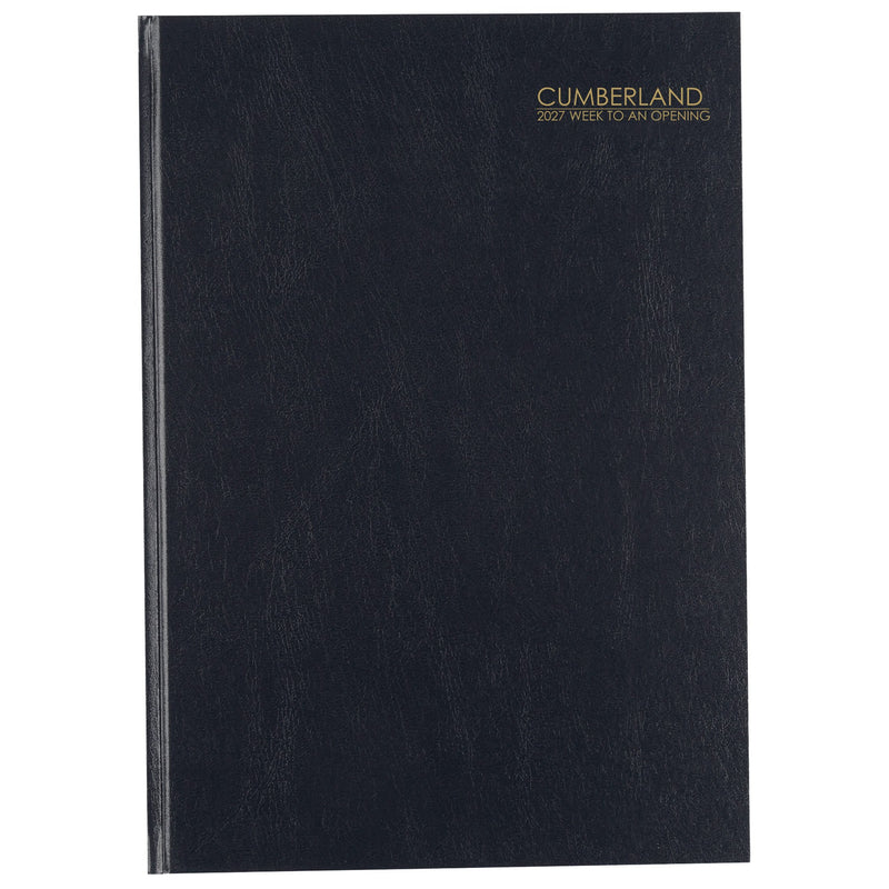 Cumberland Casebound Diary 2027 A4 Week To View Black shown front on, the black cover, closed flat against a plain background.