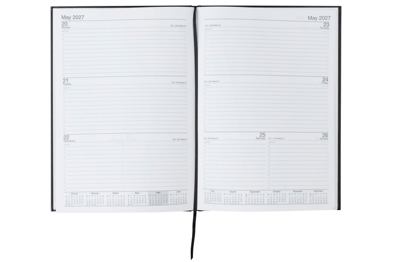 Cumberland Casebound Diary 2027 A4 Week To View Black opened to show the printed week to view interior pages and the dated planning grid.