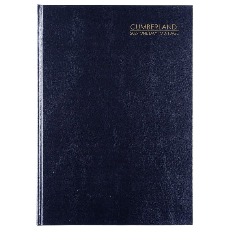 Cumberland Casebound Diary 2027 A4 Day To A Page Blue shown front on, the blue cover, closed flat against a plain background.