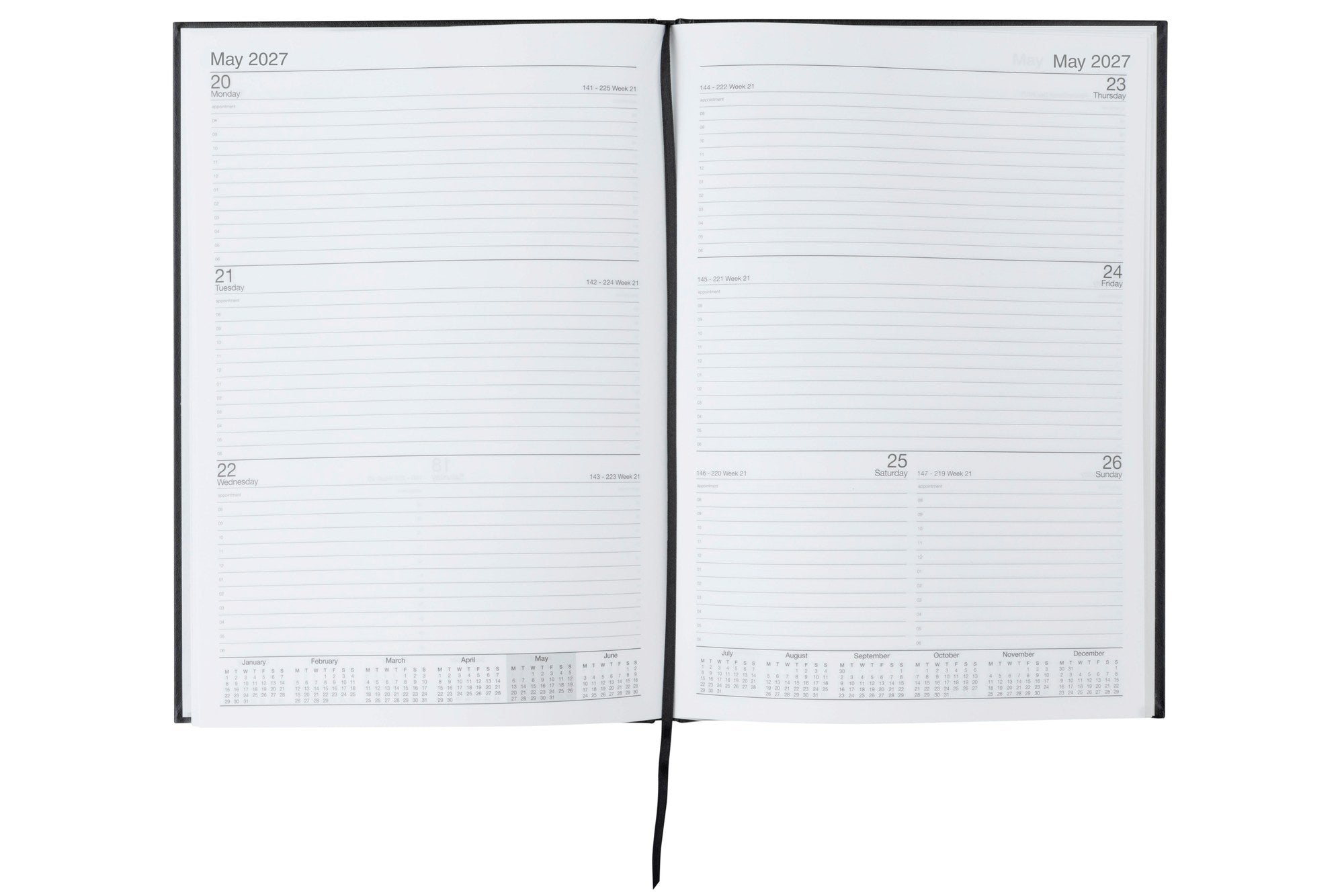Cumberland Casebound Diary 2027 A4 Week To View Blue opened to show the printed week to view interior pages and the dated planning grid.