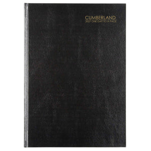 Cumberland Casebound Diary 2027 A5 Day To A Page Black shown front on, the black cover, closed flat against a plain background.