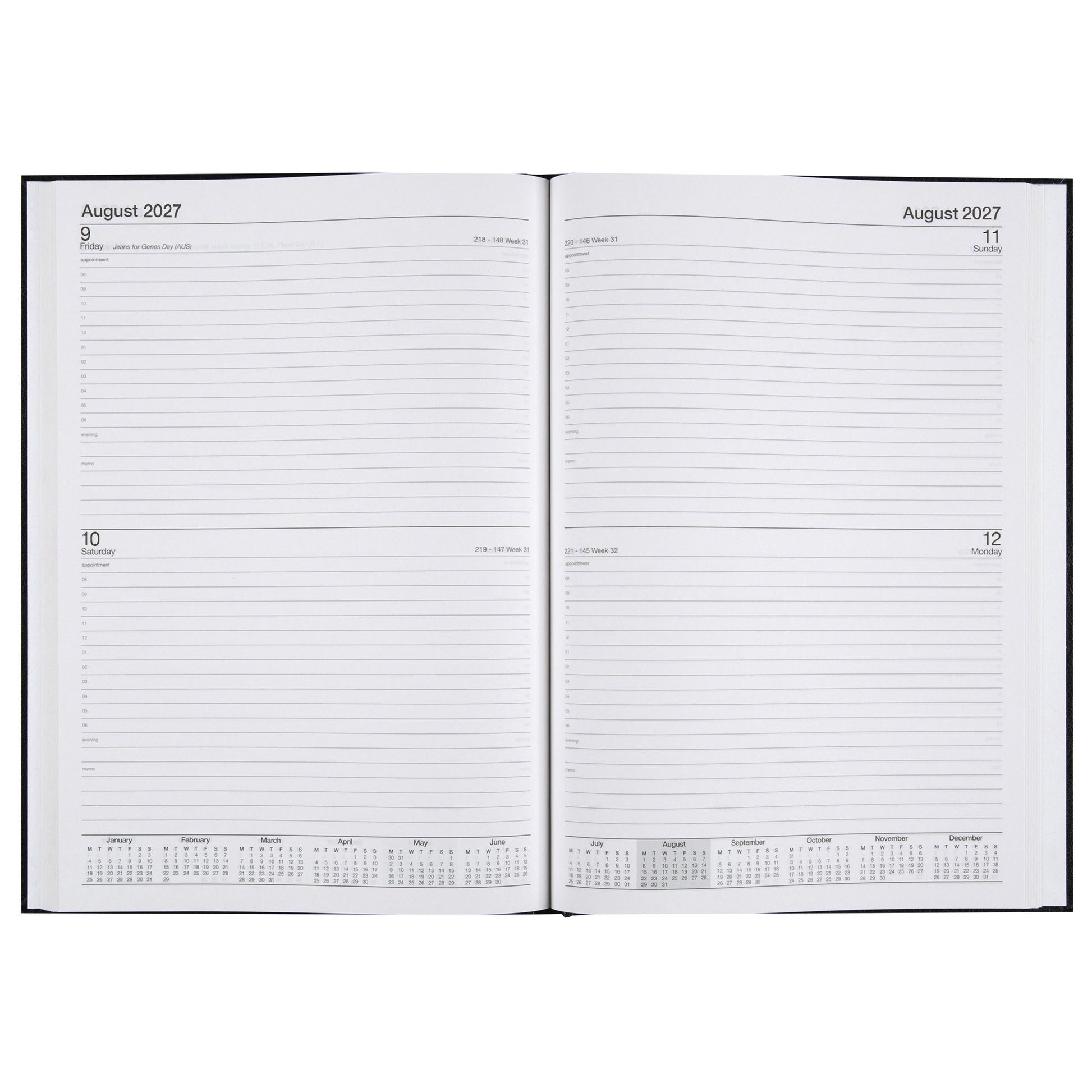 Cumberland Casebound Diary 2027 A5 2 Days To A Page Black opened to show the printed 2 days to a page interior pages and the dated planning grid.