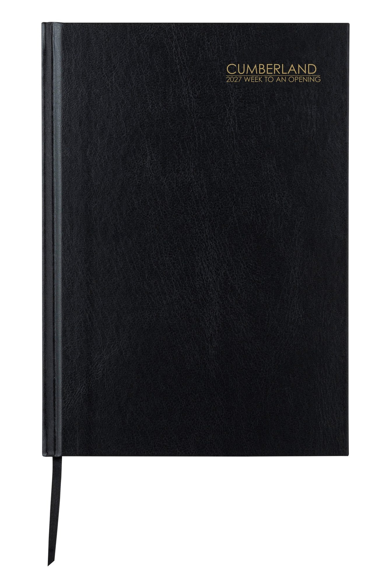 Cumberland Casebound Diary 2027 A5 Week To View Black shown front on, the black cover, closed flat against a plain background.