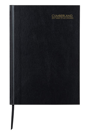 Cumberland Casebound Diary 2027 A5 Week To View Black shown front on, the black cover, closed flat against a plain background.