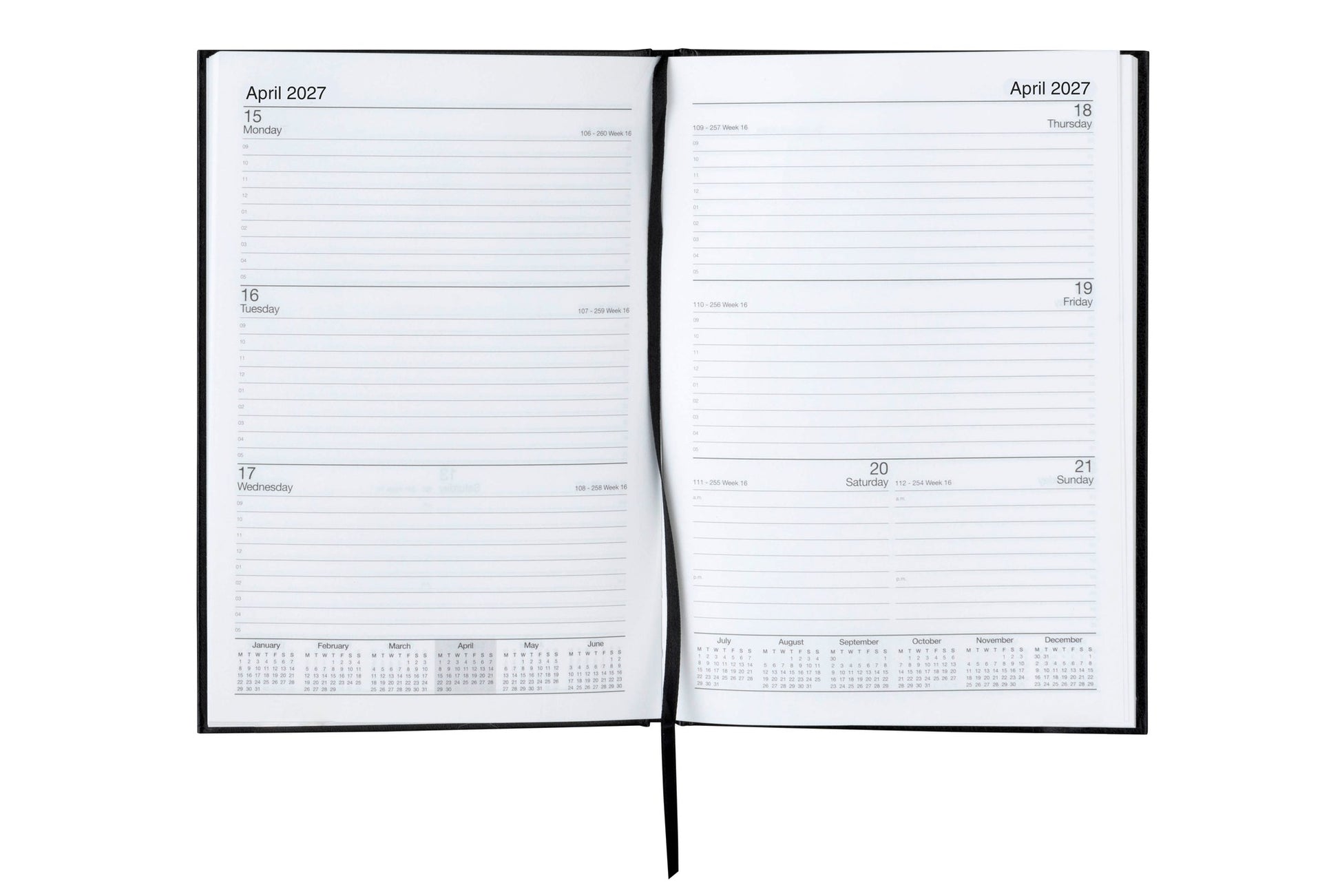 Cumberland Casebound Diary 2027 A5 Week To View Black opened to show the printed week to view interior pages and the dated planning grid.