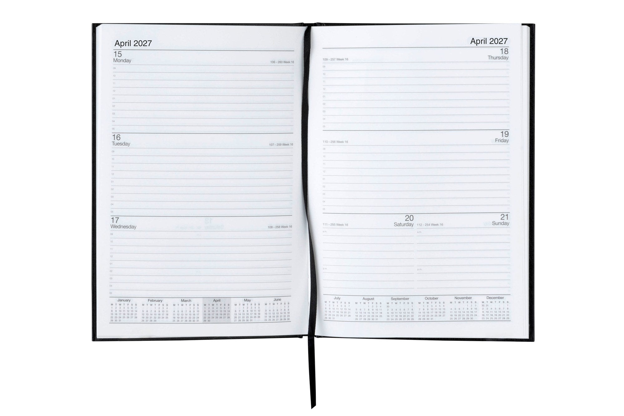 Cumberland Casebound Diary 2027 A5 Week To View Black opened to show the printed week to view interior pages and the dated planning grid.