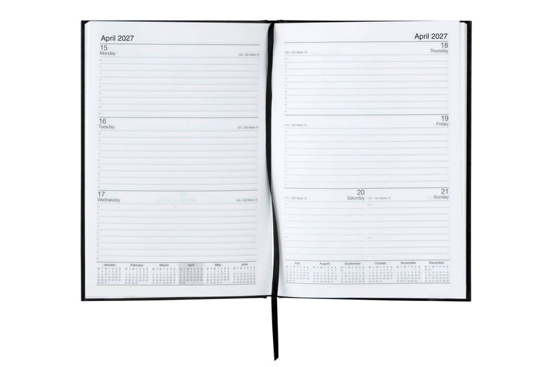 Cumberland Casebound Diary 2027 A5 Week To View Black opened to show the printed week to view interior pages and the dated planning grid.