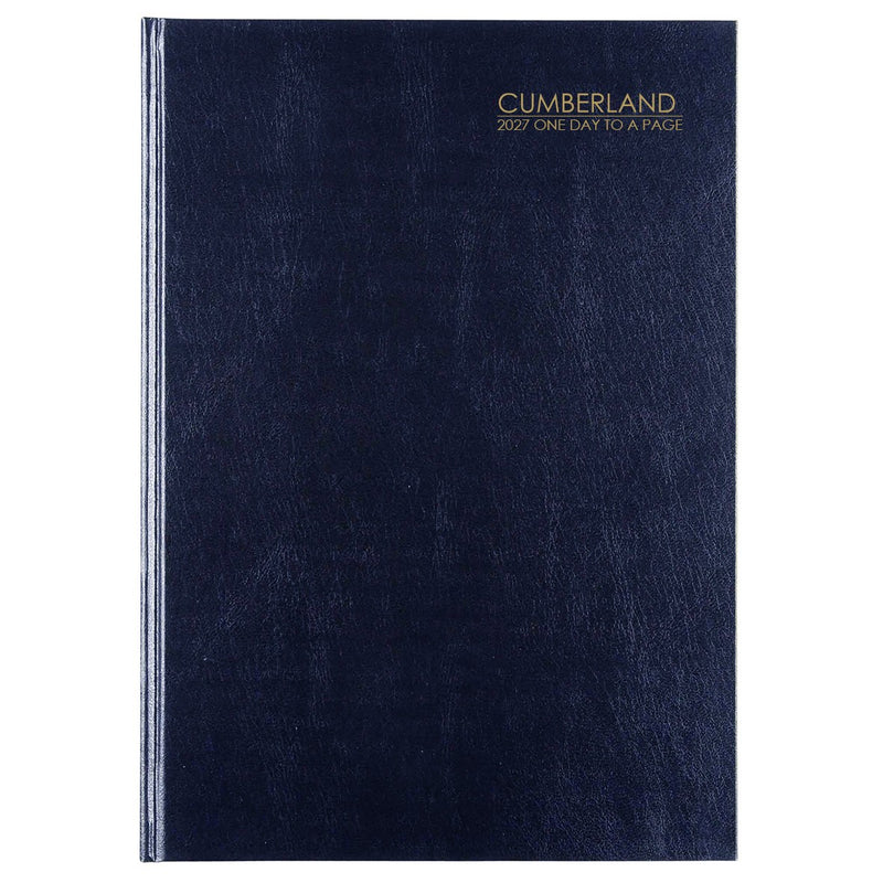 Cumberland Casebound Diary 2027 A5 Day To A Page Blue shown front on, the blue cover, closed flat against a plain background.