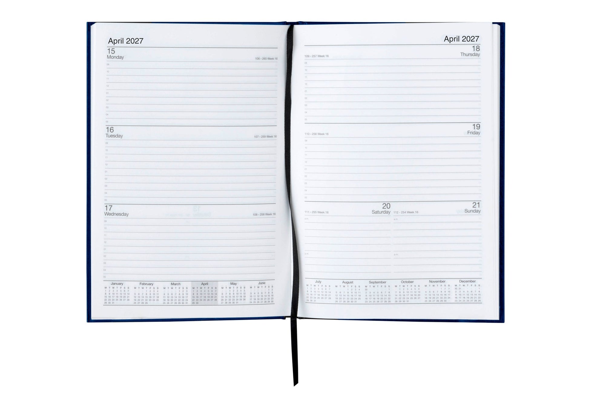Cumberland Casebound Diary 2027 A5 Week To View Blue opened to show the printed week to view interior pages and the dated planning grid.
