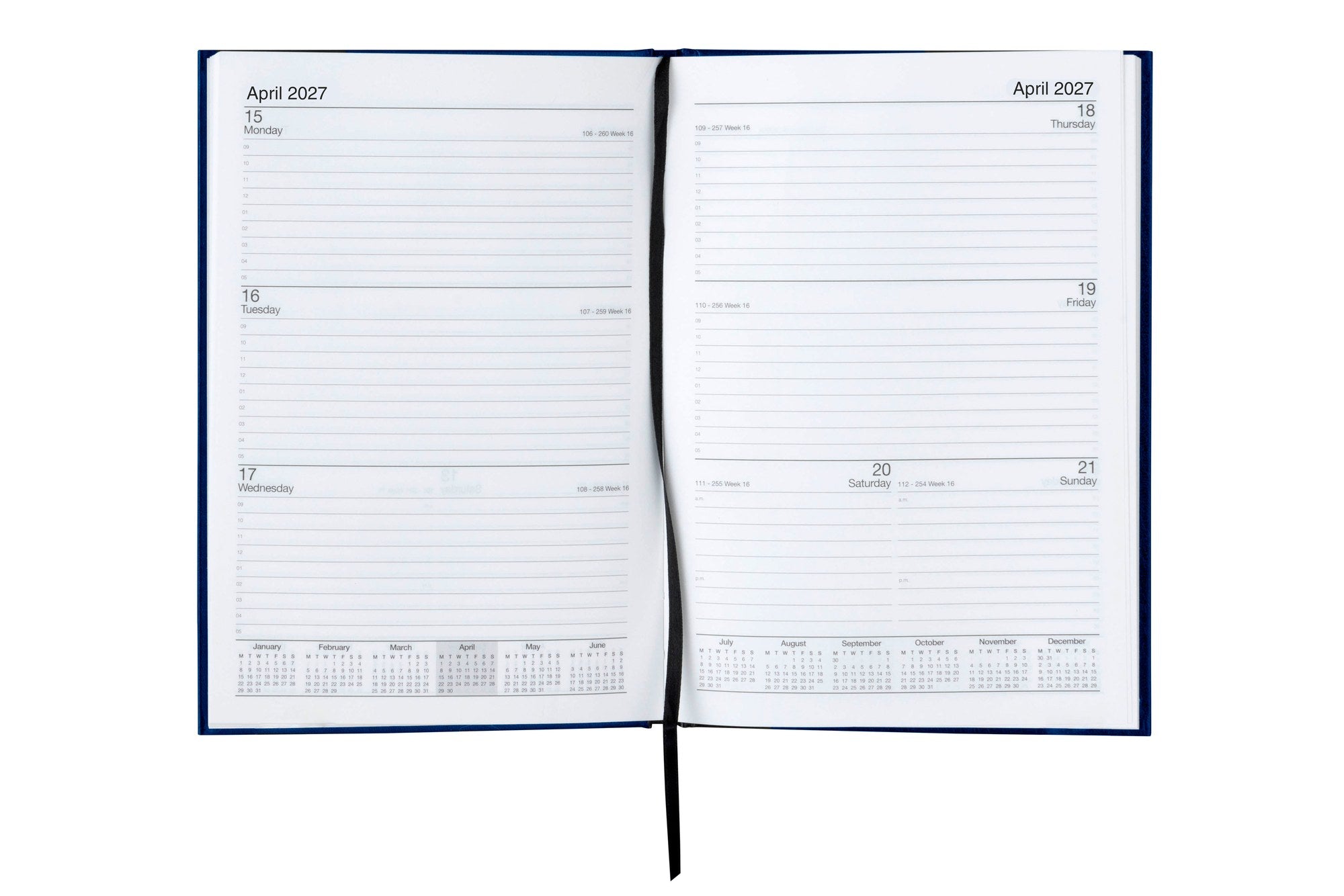 Cumberland Casebound Diary 2027 A5 Week To View Blue opened to show the printed week to view interior pages and the dated planning grid.