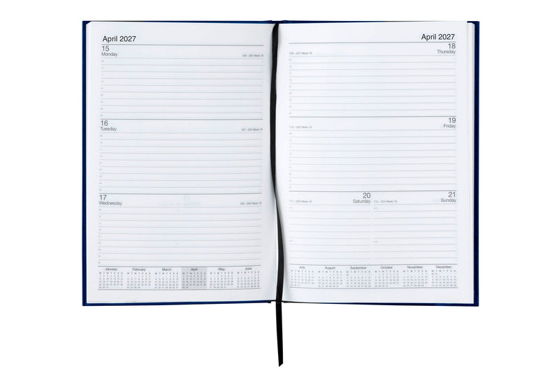 Cumberland Casebound Diary 2027 A5 Week To View Blue opened to show the printed week to view interior pages and the dated planning grid.