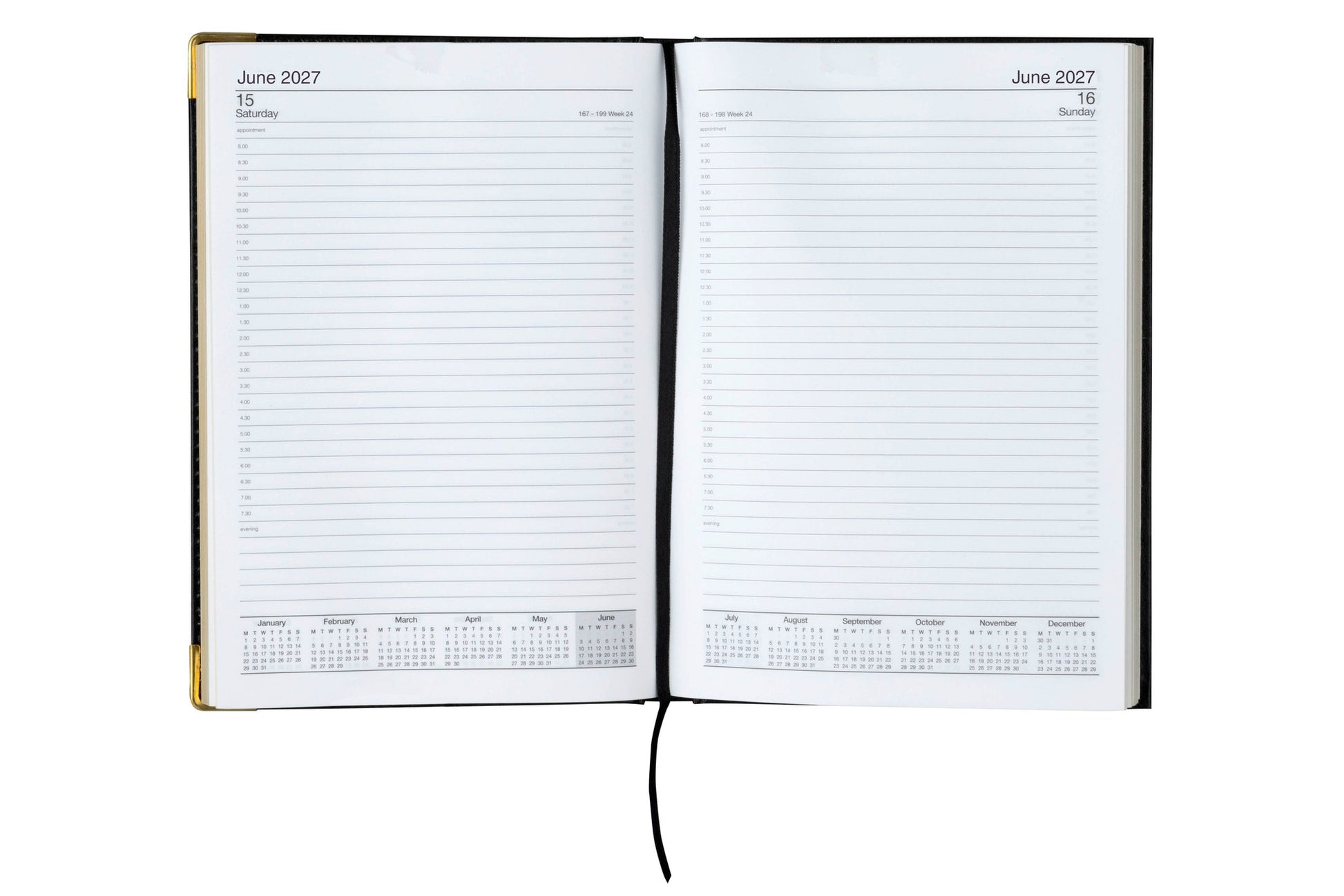 Cumberland Corporate Diary 2027 A4 Day To A Page Black opened to show the printed day to a page interior pages and the dated planning grid.