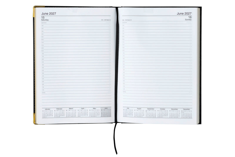 Cumberland Corporate Diary 2027 A4 Day To A Page Black opened to show the printed day to a page interior pages and the dated planning grid.