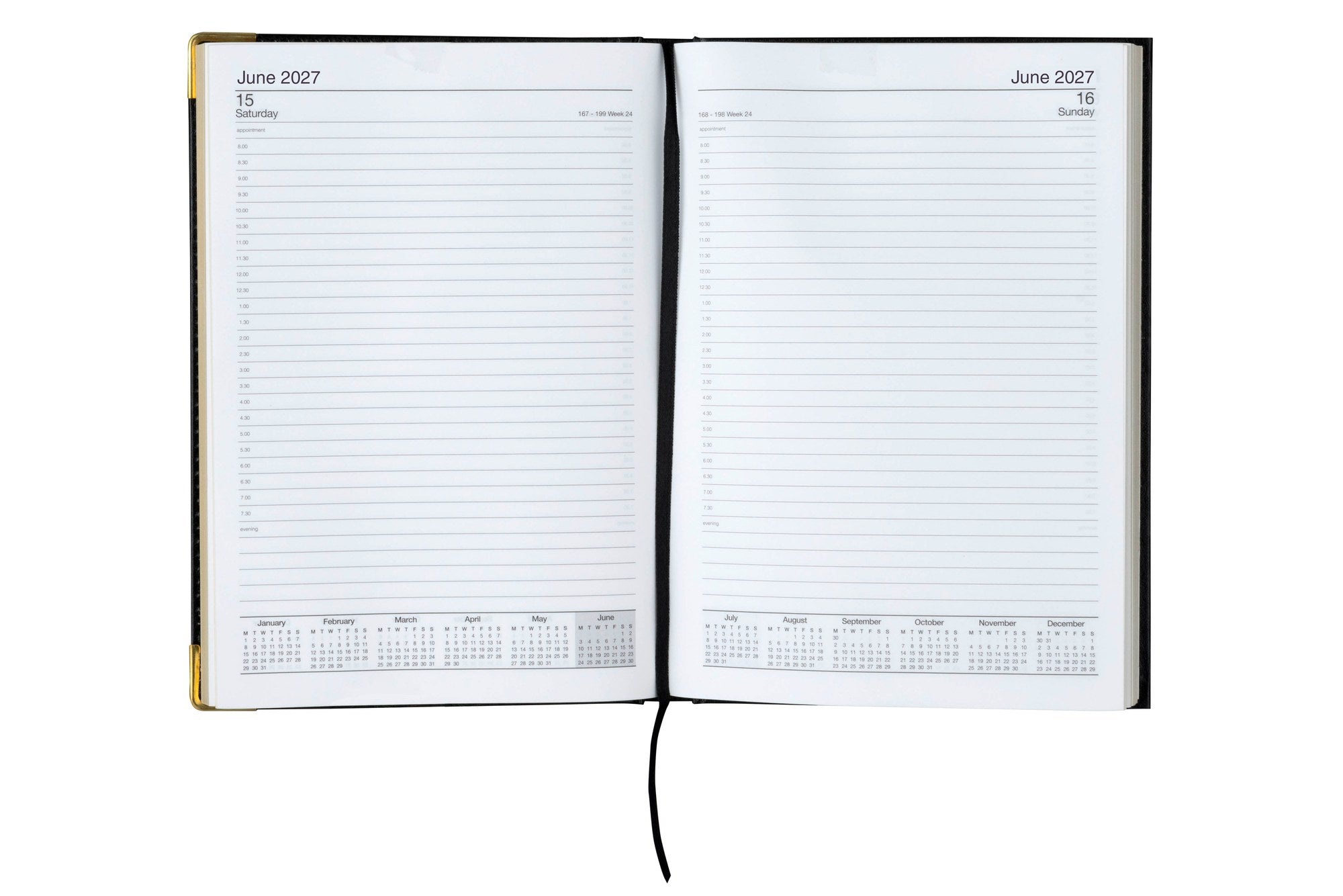 Cumberland Corporate Diary 2027 A5 Day To A Page Black opened to show the printed day to a page interior pages and the dated planning grid.