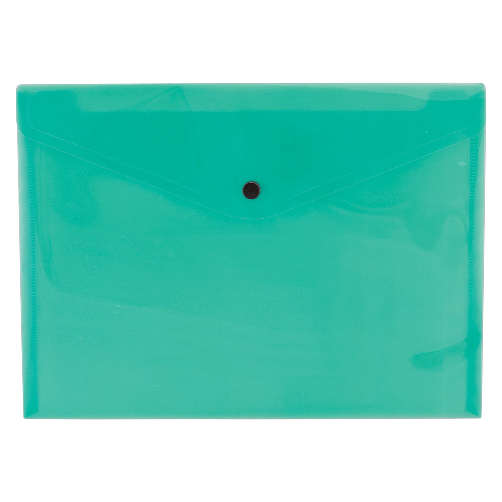 Front product view of the Cumberland A4 transparent green document wallet showing its translucent polypropylene construction, secure press stud closure and spacious design suitable for storing up to 200 sheets.