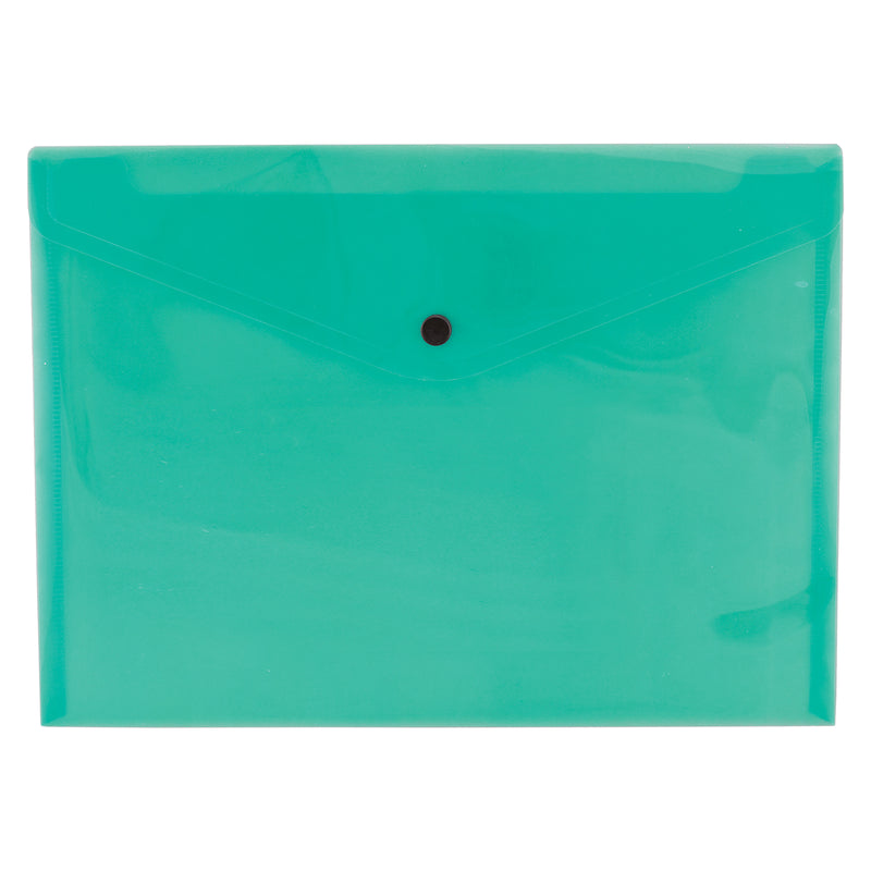Front product view of the Cumberland A4 transparent green document wallet showing its translucent polypropylene construction, secure press stud closure and spacious design suitable for storing up to 200 sheets.