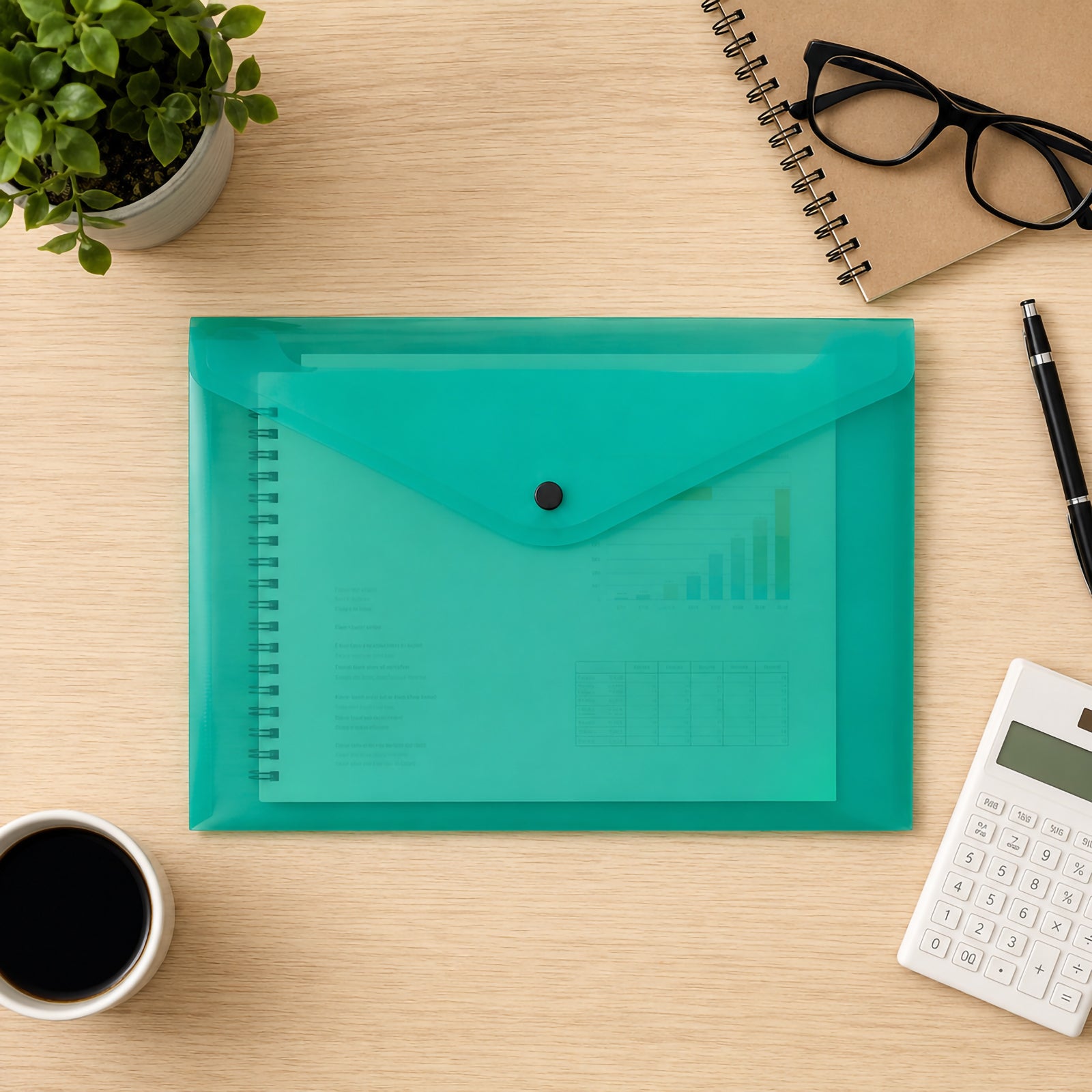 Top view of a Cumberland transparent green A4 document wallet placed neatly on a tidy workspace surrounded by office essentials including a calculator, notebook, coffee cup, glasses and indoor plant, highlighting organised document storage.