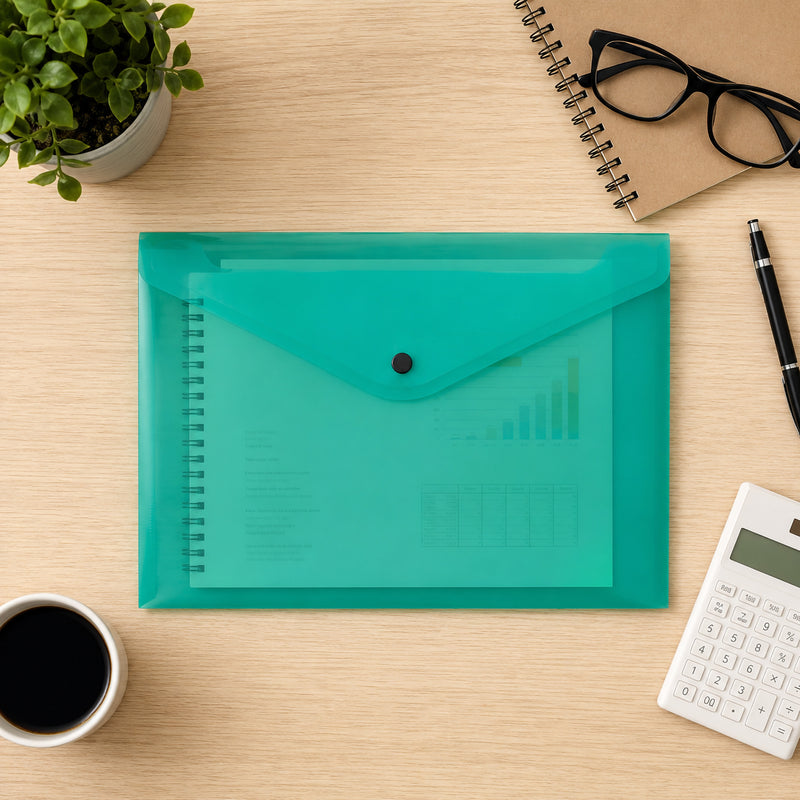 Top view of a Cumberland transparent green A4 document wallet placed neatly on a tidy workspace surrounded by office essentials including a calculator, notebook, coffee cup, glasses and indoor plant, highlighting organised document storage.