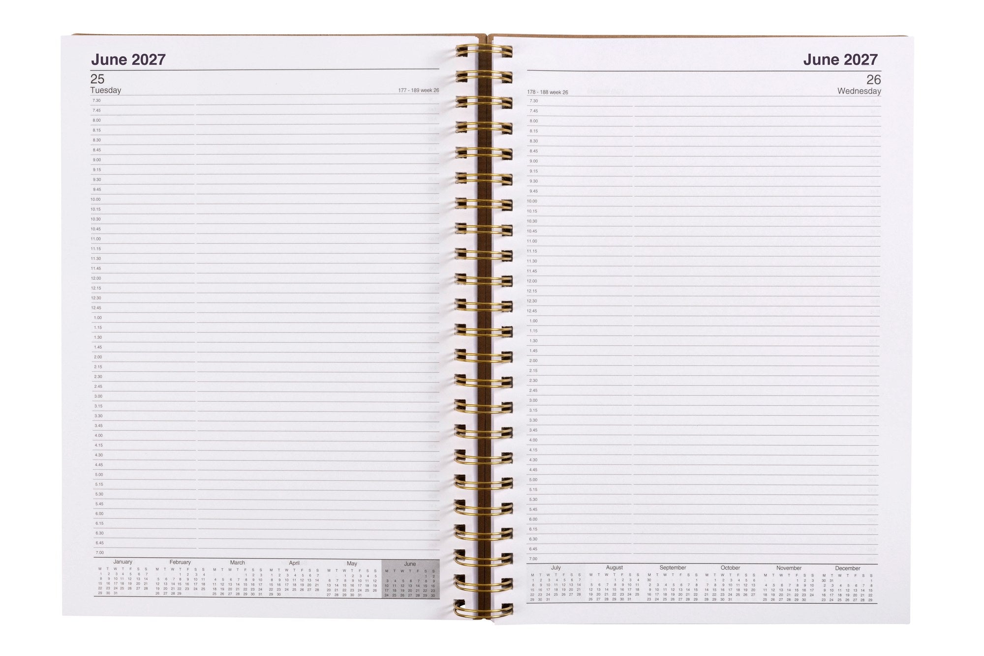 Cumberland Ecowise Diary 2027 A4 Day To A Page Kraft opened to show the printed day to a page interior pages and the dated planning grid.