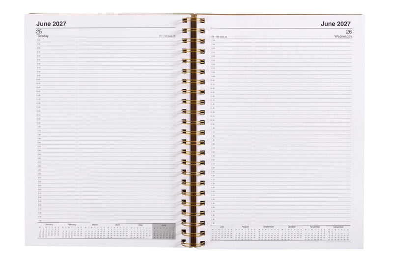 Cumberland Ecowise Diary 2027 A4 Day To A Page Kraft opened to show the printed day to a page interior pages and the dated planning grid.