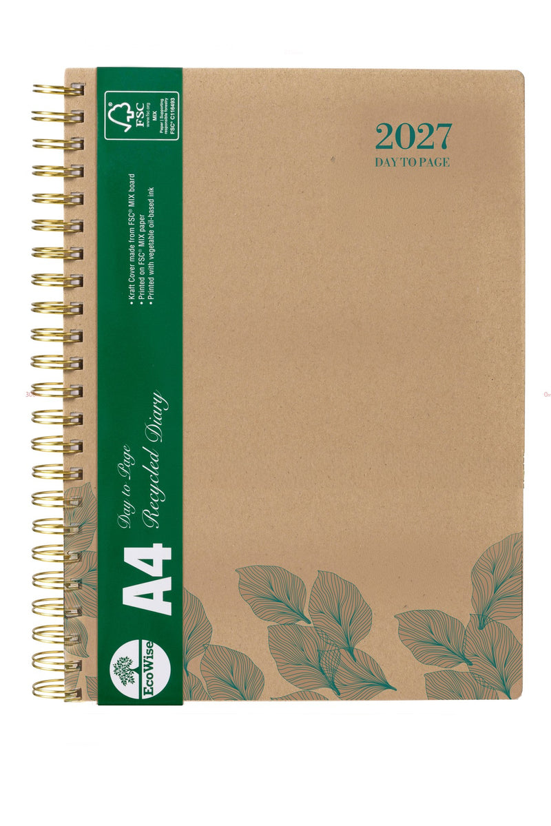 Cumberland Ecowise Diary 2027 A4 Day To A Page Kraft shown in its retail packaging, front of pack with the year and format printed on the label.