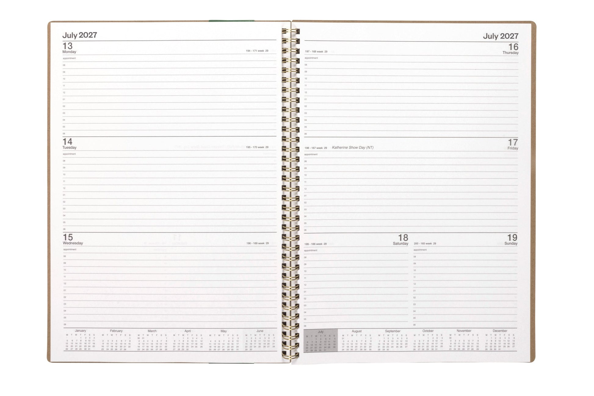 Cumberland Ecowise Diary 2027 A4 Week To View Kraft opened to show the printed week to view interior pages and the dated planning grid.