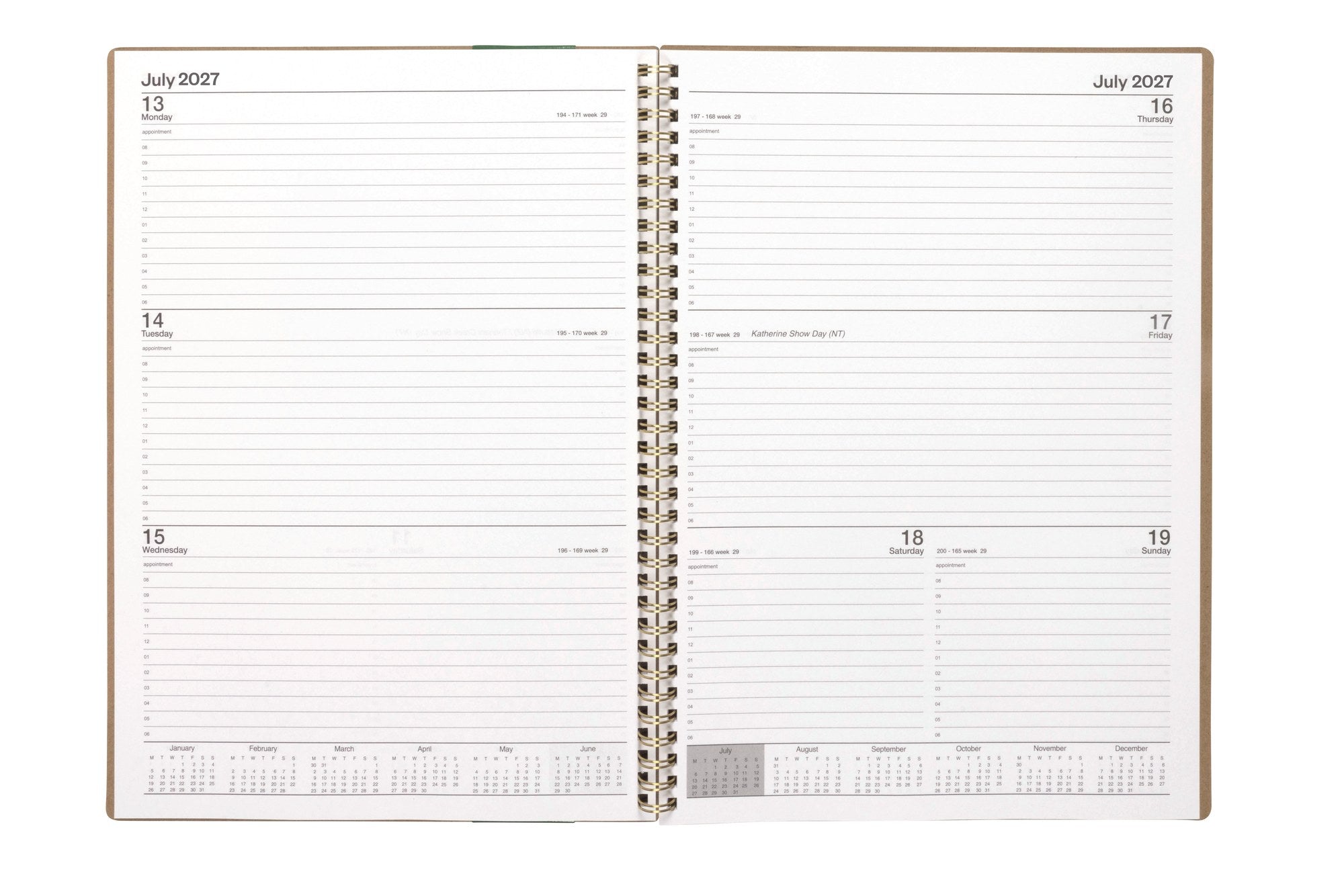 Cumberland Ecowise Diary 2027 A4 Week To View Kraft opened to show the printed week to view interior pages and the dated planning grid.