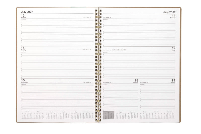 Cumberland Ecowise Diary 2027 A4 Week To View Kraft opened to show the printed week to view interior pages and the dated planning grid.