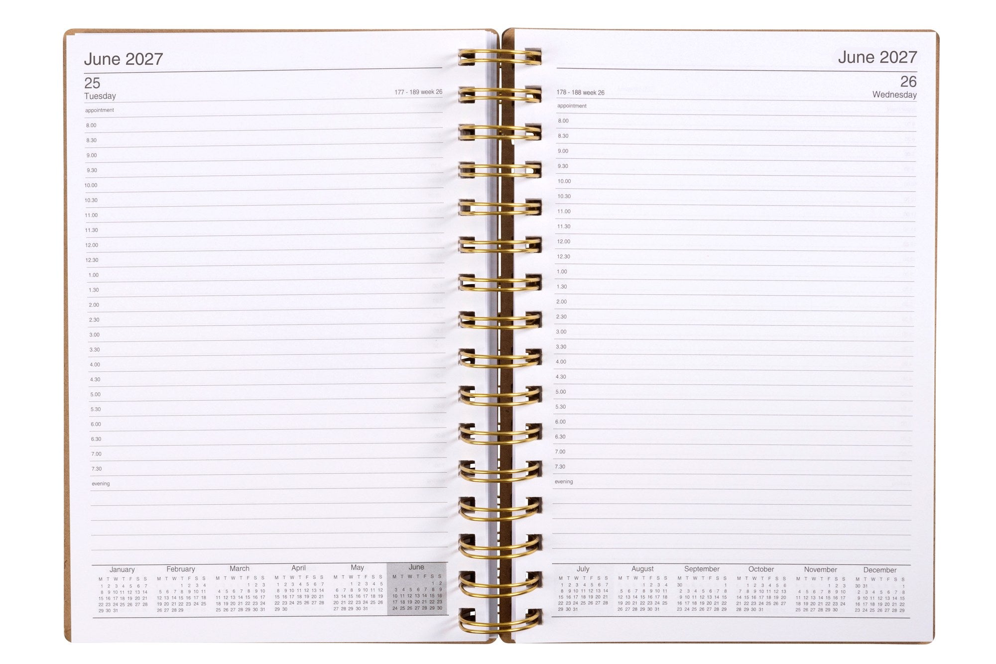 Cumberland Ecowise Diary 2027 A5 Day To A Page Kraft opened to show the printed day to a page interior pages and the dated planning grid.