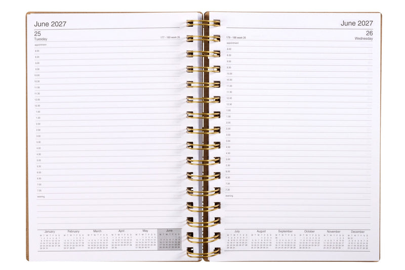 Cumberland Ecowise Diary 2027 A5 Day To A Page Kraft opened to show the printed day to a page interior pages and the dated planning grid.