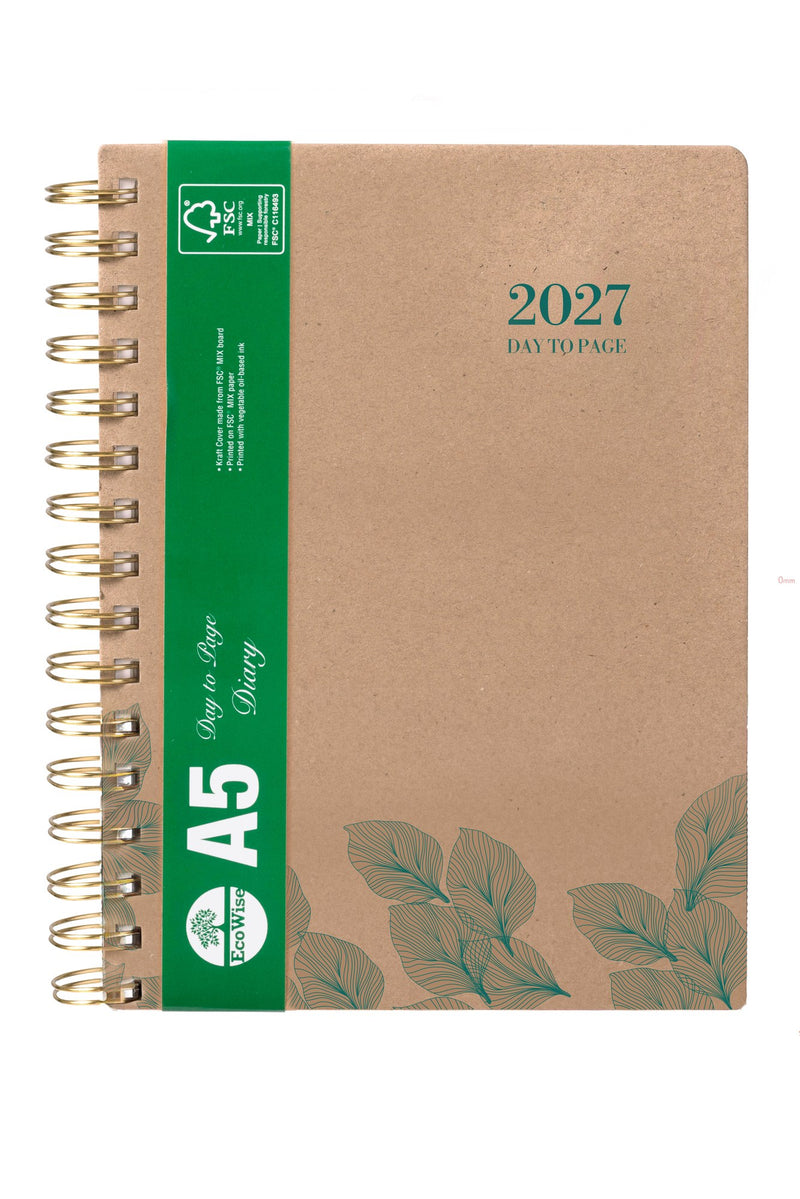 Cumberland Ecowise Diary 2027 A5 Day To A Page Kraft shown in its retail packaging, front of pack with the year and format printed on the label.