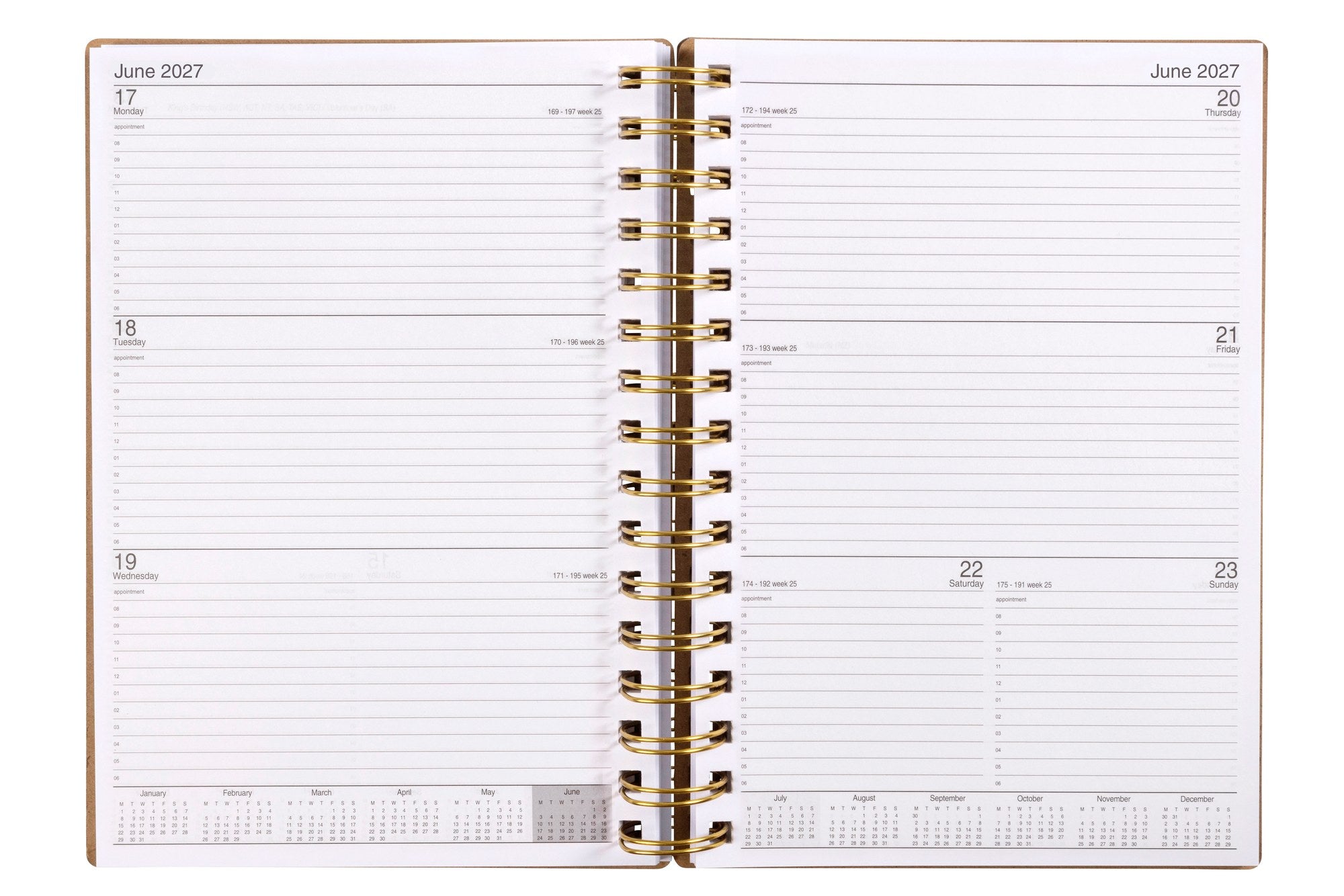 Cumberland Ecowise Diary 2027 A5 Week To View Kraft opened to show the printed week to view interior pages and the dated planning grid.