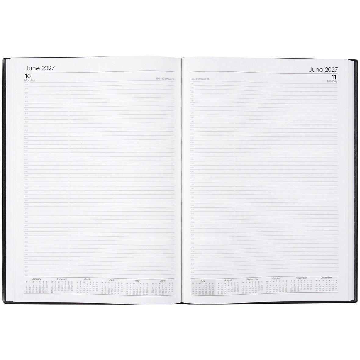 Cumberland Elegant Diary 2027 A4 Day To A Page Black opened to show the printed day to a page interior pages and the dated planning grid.