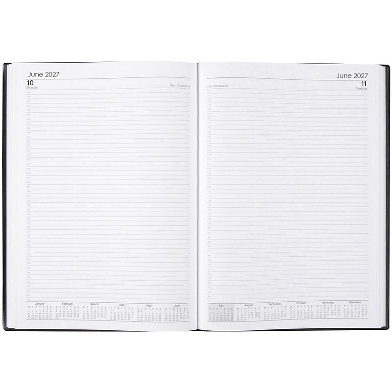 Cumberland Elegant Diary 2027 A5 Day To A Page Black opened to show the printed day to a page interior pages and the dated planning grid.