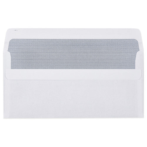 Cumberland 603214 DL window self seal envelope detail showing secretive inner print and window face aligning with printed address block at 110 x 220mm