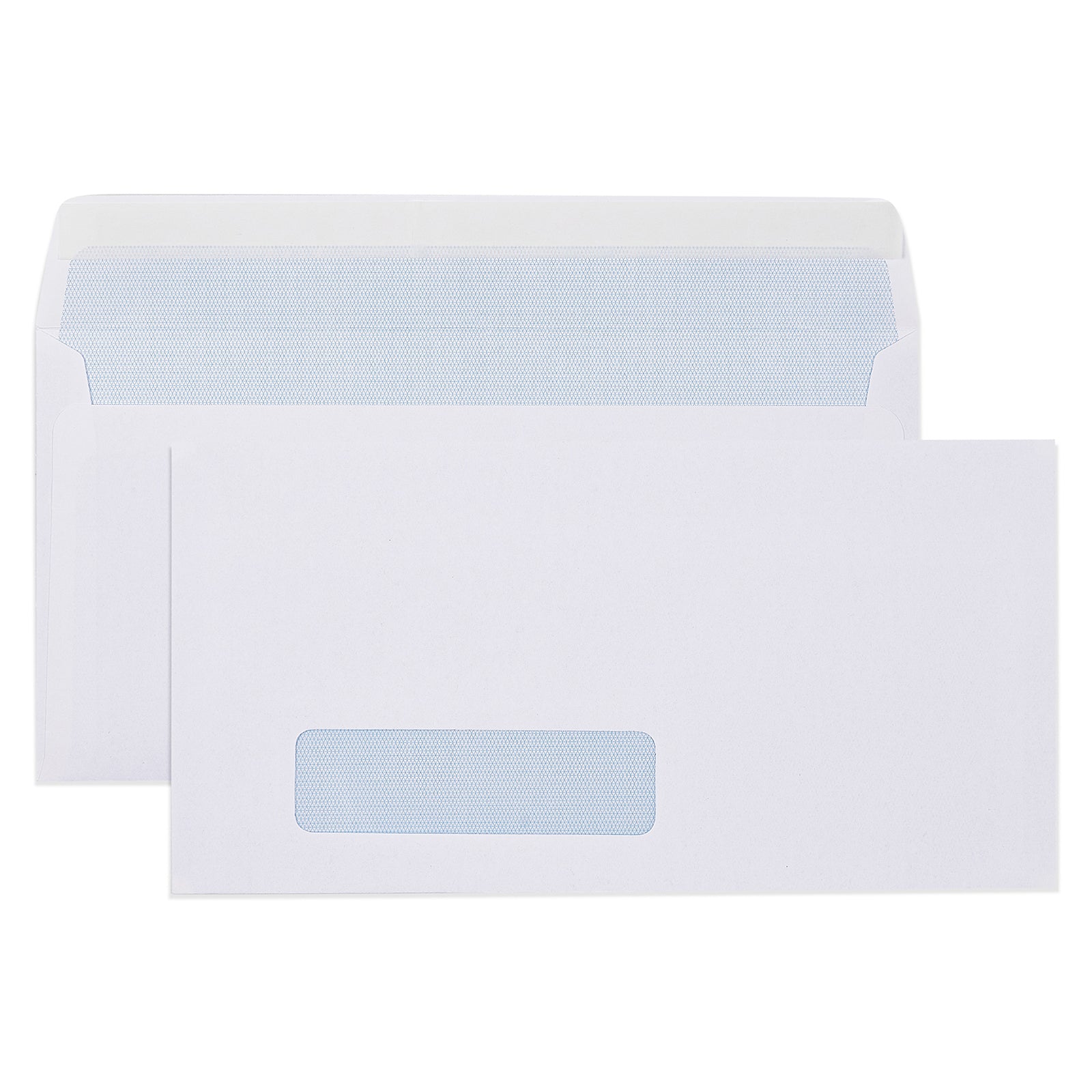 Clean product display showing the Cumberland DLX white window security envelope with matching insert, highlighting the blue internal security pattern, address window and strip seal closure against a white background.
