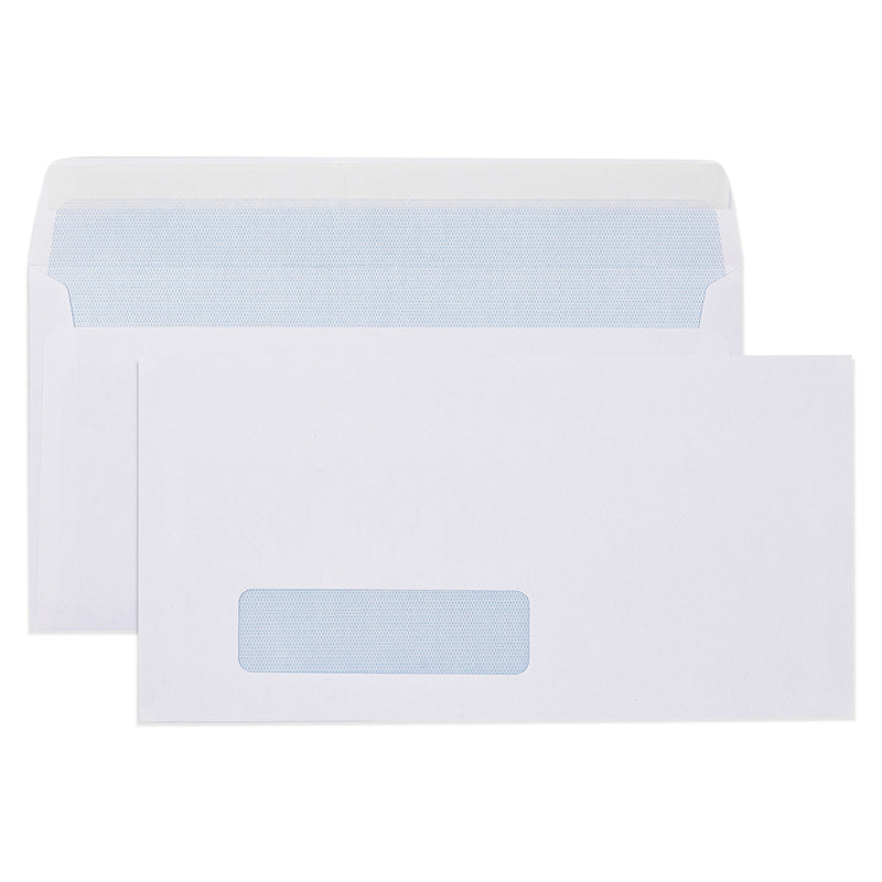 Clean product display showing the Cumberland DLX white window security envelope with matching insert, highlighting the blue internal security pattern, address window and strip seal closure against a white background.