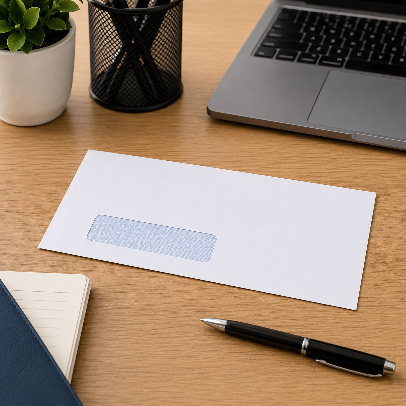 Single Cumberland DLX window envelope displayed on a professional office desk beside a laptop, pen and desktop accessories, illustrating its clean presentation for business letters and everyday office mailing.