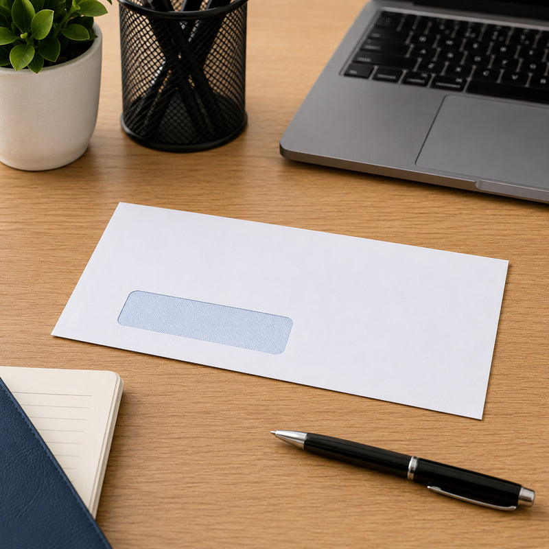 Single Cumberland DLX window envelope displayed on a professional office desk beside a laptop, pen and desktop accessories, illustrating its clean presentation for business letters and everyday office mailing.