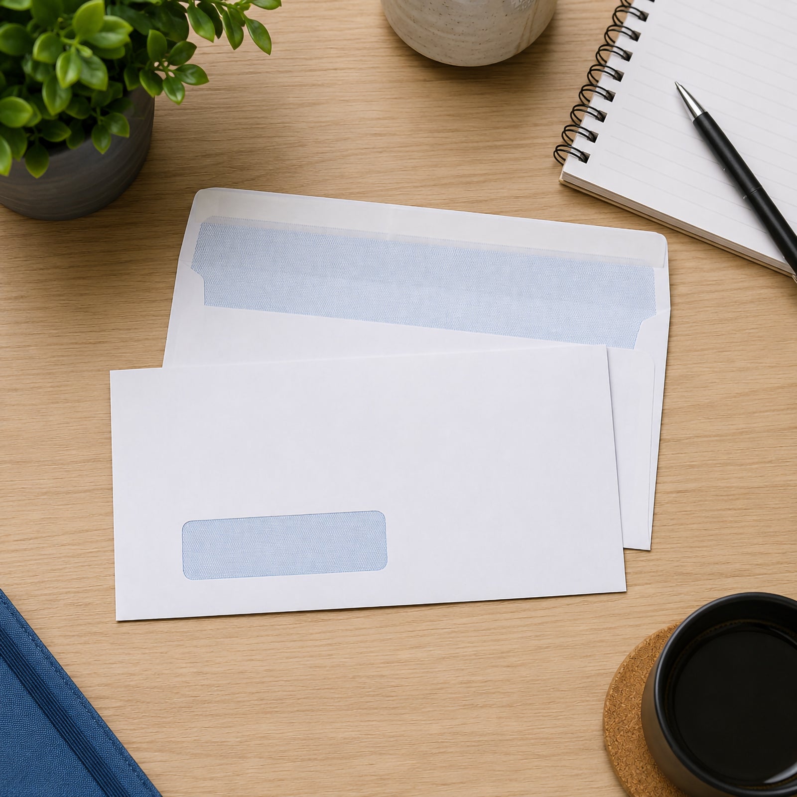 Top view of Cumberland DLX strip seal window security envelopes with office stationery, coffee cup and notebook on a modern wooden desk, showcasing the envelope's security lining and convenient mailing format.