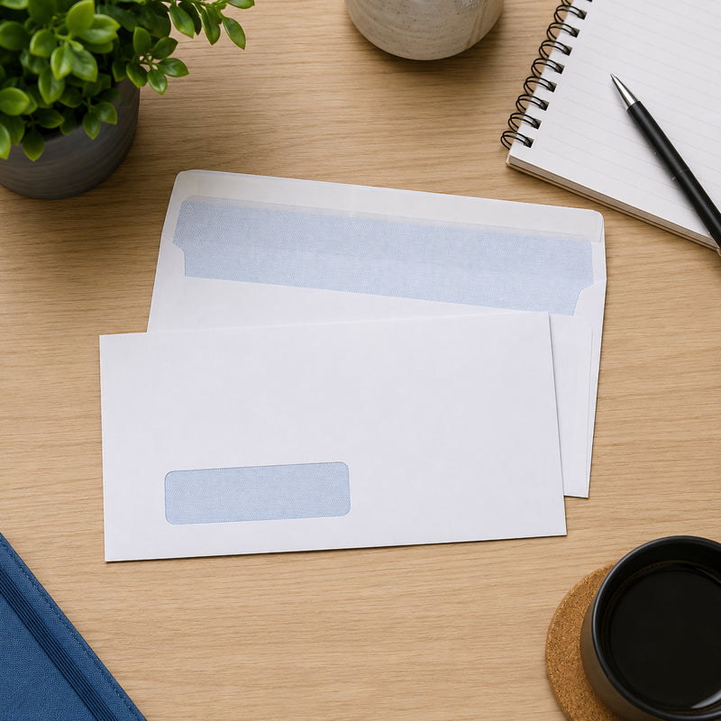 Top view of Cumberland DLX strip seal window security envelopes with office stationery, coffee cup and notebook on a modern wooden desk, showcasing the envelope's security lining and convenient mailing format.