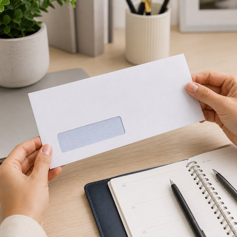 Hands holding a Cumberland DLX white window security envelope above an office planner and desk workspace, highlighting the clear address window and premium professional design for confidential business correspondence.