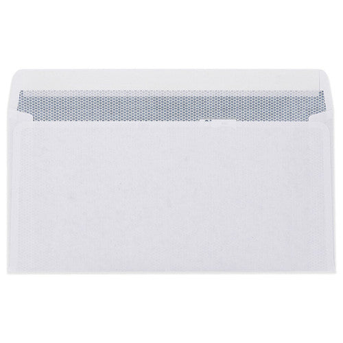 Cumberland 6033113 DL envelope with the flap lifted, showing the strip seal edge and secretive print on the inside of the paper