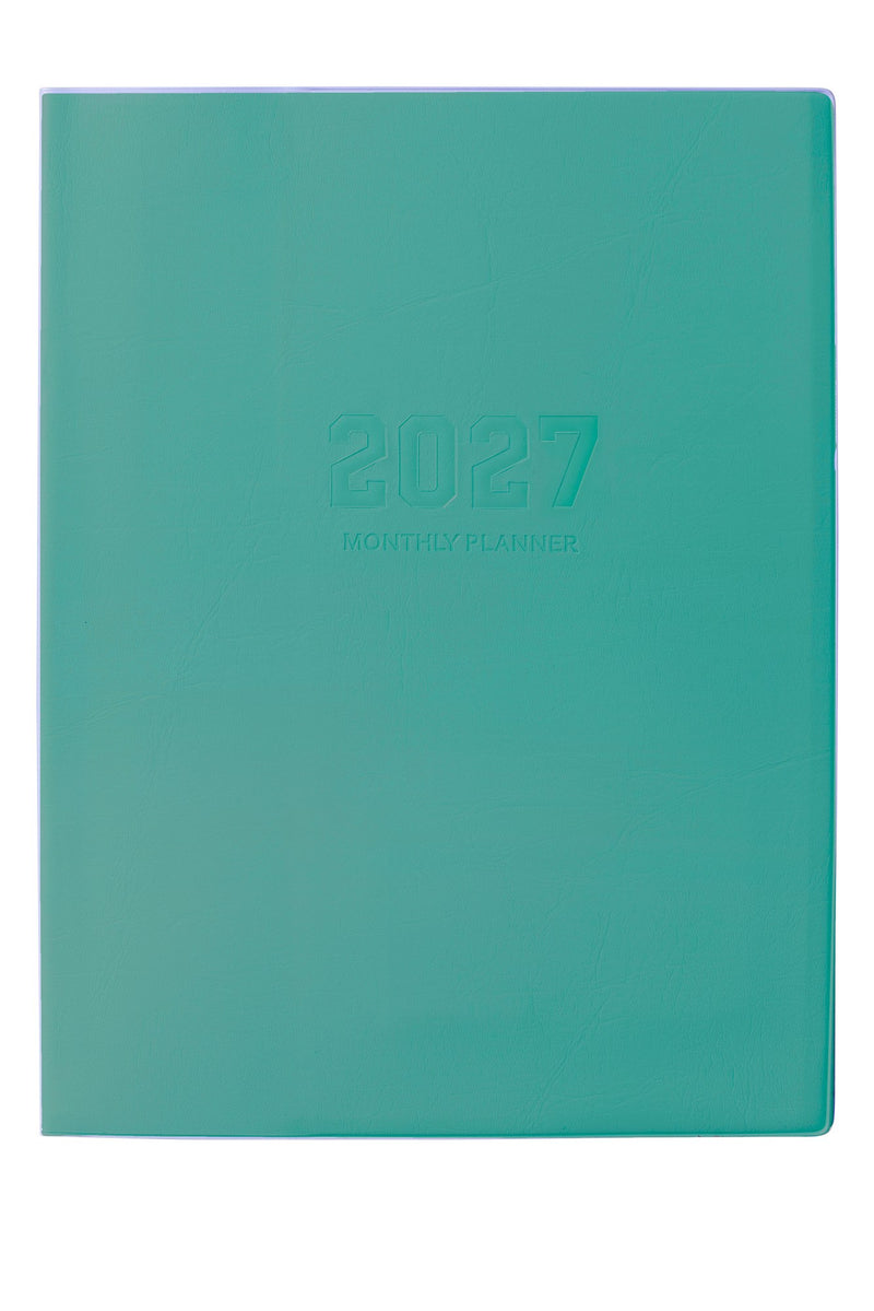 Cumberland Monthly Planner Diary 2027 A4 Month To View Assorted shown at a three quarter angle, the assorted cover colours, highlighting the cover finish and binding edge.