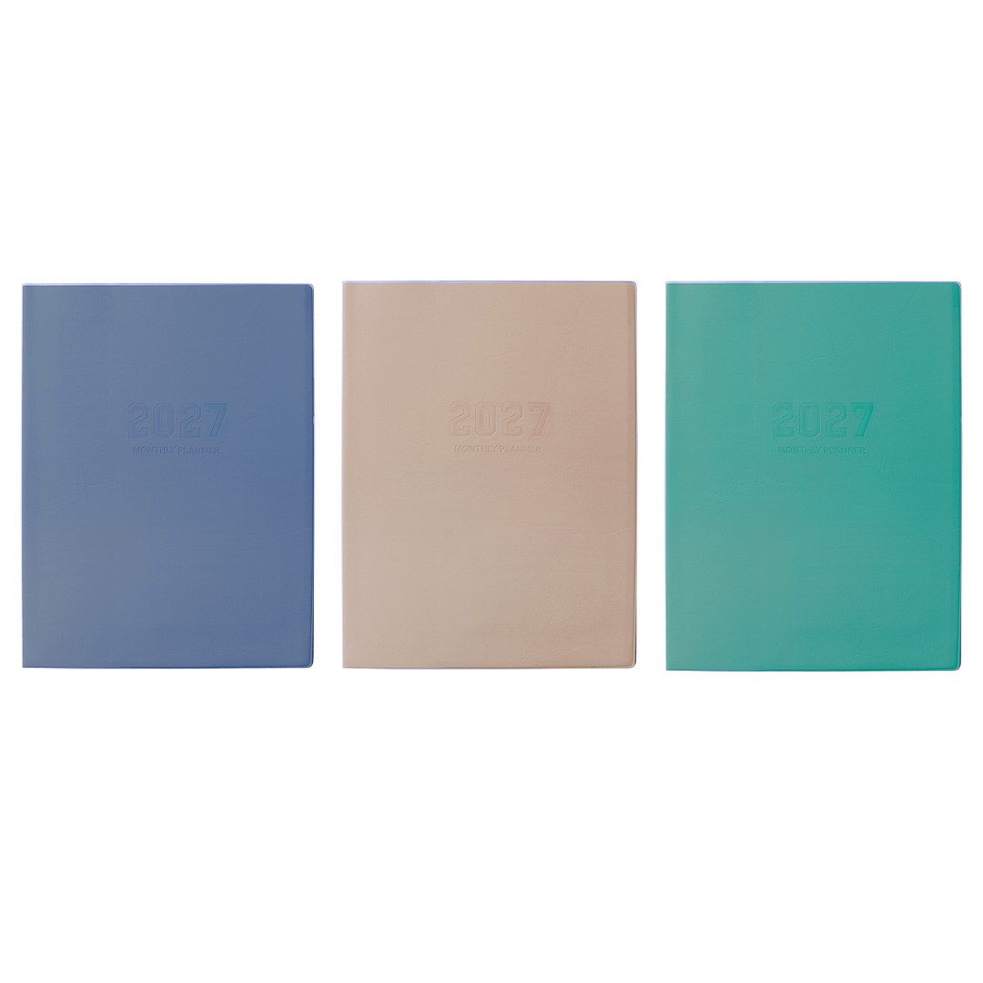 Cumberland Monthly Planner Diary 2027 A4 Month To View Assorted shown front on, the assorted cover colours, closed flat against a plain background.
