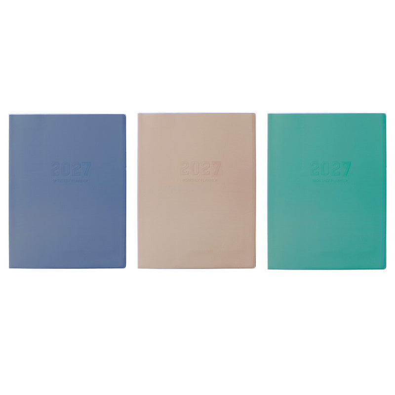 Cumberland Monthly Planner Diary 2027 A4 Month To View Assorted shown front on, the assorted cover colours, closed flat against a plain background.