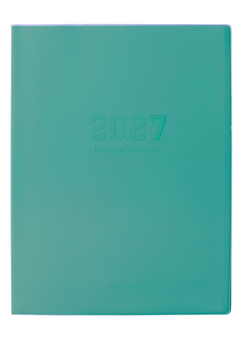 Cumberland Monthly Planner Diary 2027 A5 Month To View Assorted shown at a three quarter angle, the assorted cover colours, highlighting the cover finish and binding edge.