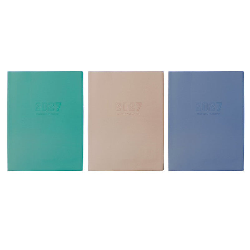 Cumberland Monthly Planner Diary 2027 A5 Month To View Assorted shown front on, the assorted cover colours, closed flat against a plain background.