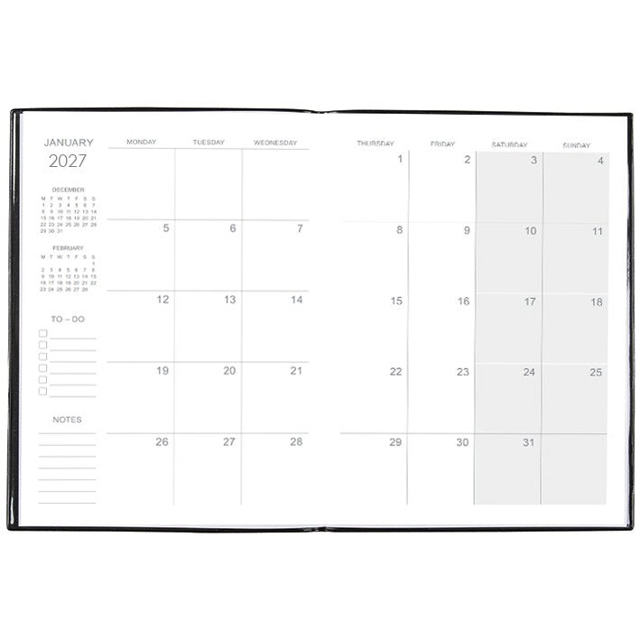 Cumberland Monthly Planner Diary 2027 A5 Month To View Assorted opened to show the printed month to view interior pages and the dated planning grid.