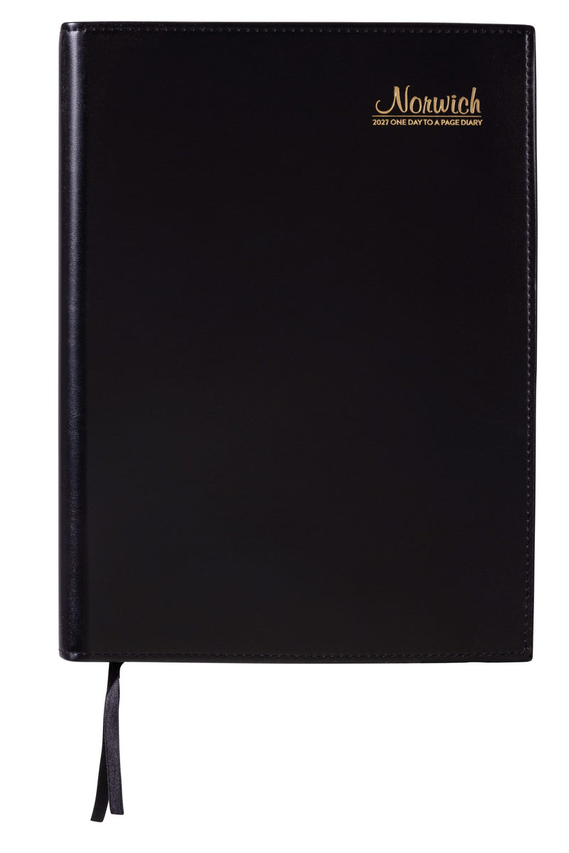 Cumberland Norwich Diary 2027 A4 Day To A Page Black shown front on, the black cover, closed flat against a plain background.